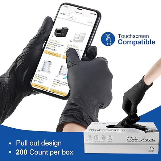 JMU Black Nitrile Gloves XS Bulk, Case of 1200, 3.5Mil, Latex Free Powder Free Nitrile Gloves