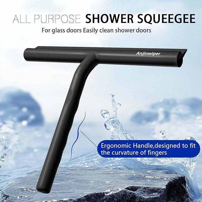 Anjinwiper All-Purpose Shower Squeegee for Glass Doors, Shower Door Squeegee with Hook, Silicone Squeegee for Bathroom, Shower Doors, Mirrors, Tiles(Black)