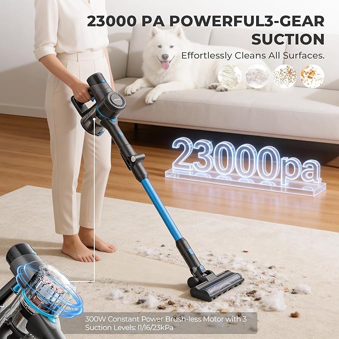 EPROEON Cordless Vacuum Cleaner, 23Kpa 300W Stick Vacuum with Foldable Tube, 45 Mins Runtime, LED Headlight, HEPA Filter, Wall-Mounted Storage, 3-in-1 for Carpet and Hard Floor