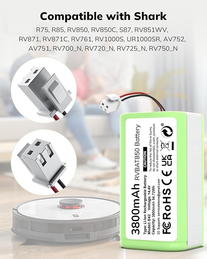 3800mAh RVBAT850 Battery, Battery Replacement for Shark Vacuum, Suitable for Rvbat850 Shark Ion-battery R75, RV761, RV850C, RV1000S, RV1100VL, RV101AE, UR1000SR, RV700_N, RV720_N(2-Prong Connector)