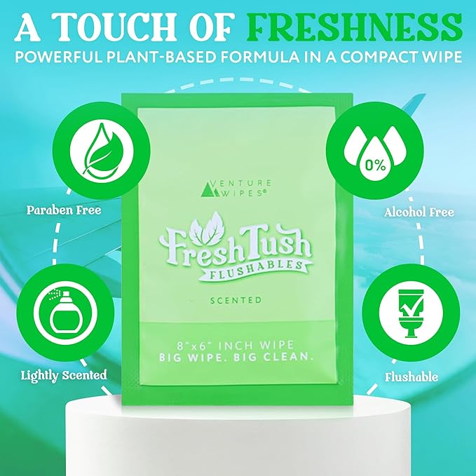 Venture Wipes FreshTush Flushables Scented - Premium Quality Personal Cleansing Wipes - Gentle on Sensitive Skin - Hygienic & Portable - Ideal for On-The-Go and Daily Use - 30 Count