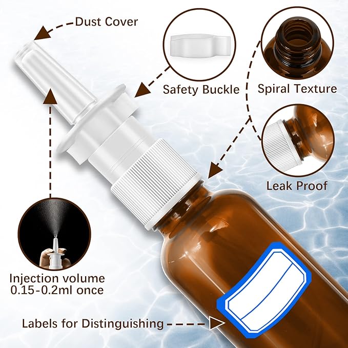 Cupohus Nasal Spray Bottle, 3 Pcs 30ML/1oz Amber Glass Refillable Fine Mist Sprayers Atomizers, Travel Sized, Empty Nasal Sprayer with Funnels and Labels
