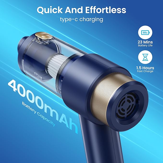 Mecanto Car Vacuum Handheld Vacuum Cleaner, 15000PA Suction, Mini Vacuums with Air Duster and Blower, Portable Hand Held Vacuum for Car, House, Crumbs, Hair (Blue)
