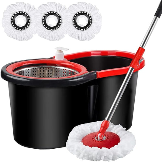 Spin Mop and Bucket with Wringer Set, 360°Rotating Head Mop Bucket System, 3 Microfiber Mop Heads for Living Room, Bedroom, Kitchen, Office (Black & Red)