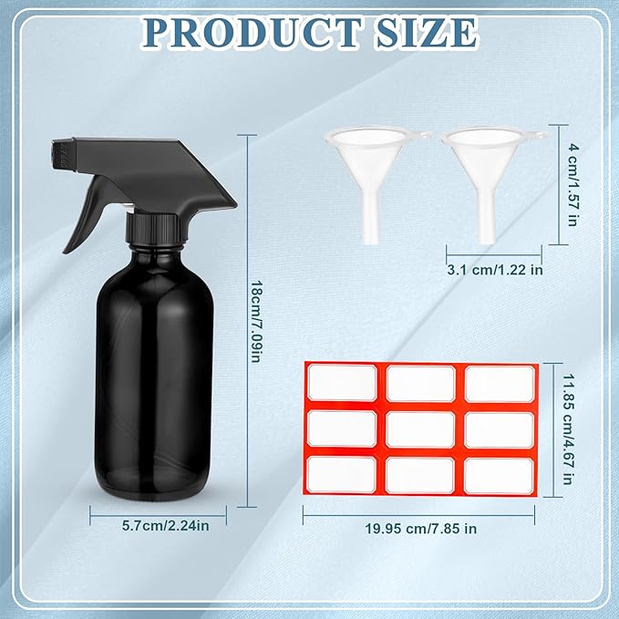 Norme 24 Pcs Glass Spray Bottles with Funnels and Labels 8 oz Refillable Cosmetic Empty Spray Containers with Trigger Squirt Containers for Essential Oil Cleaning Solutions(Black)