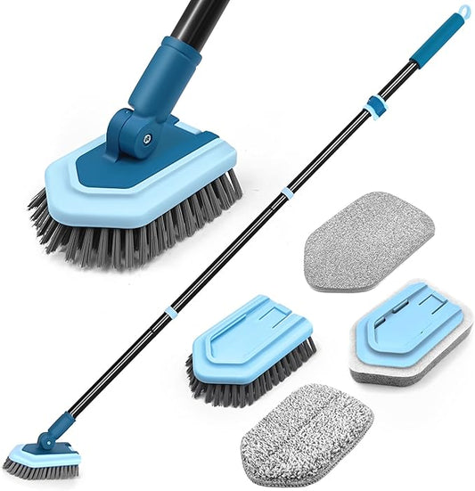 JEHONN Tub Tile Shower Scrubber Brush with Telescopic 51 inches Long Handle, 4 Different Cleaning Heads for Bathroom Bathtub Sink Floor Wall Baseboard (Blue)