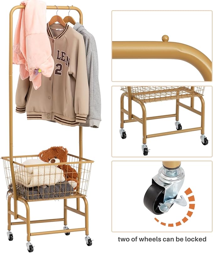 ALIMORDEN Laundry Cart with Clothes Rack, Rolling Laundry Butler with Wire Storage Rack，Gold