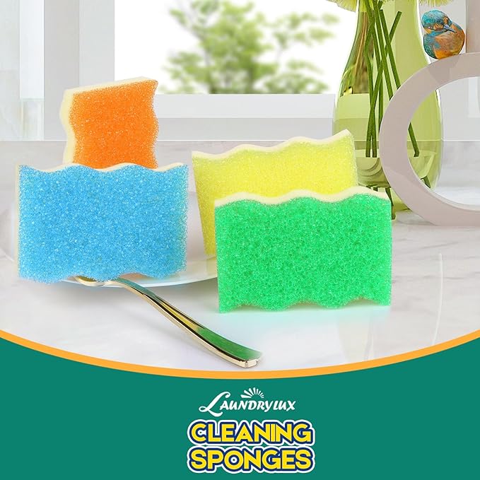 LAUNDRYLUX Scrub Sponge, 4 Pack Dual-Sided Temperature-Responsive Scrubber - Non-Scratch - Multipurpose Dish Sponges for Kitchens, Bathrooms, and Outdoor Use - Wave-Shaped