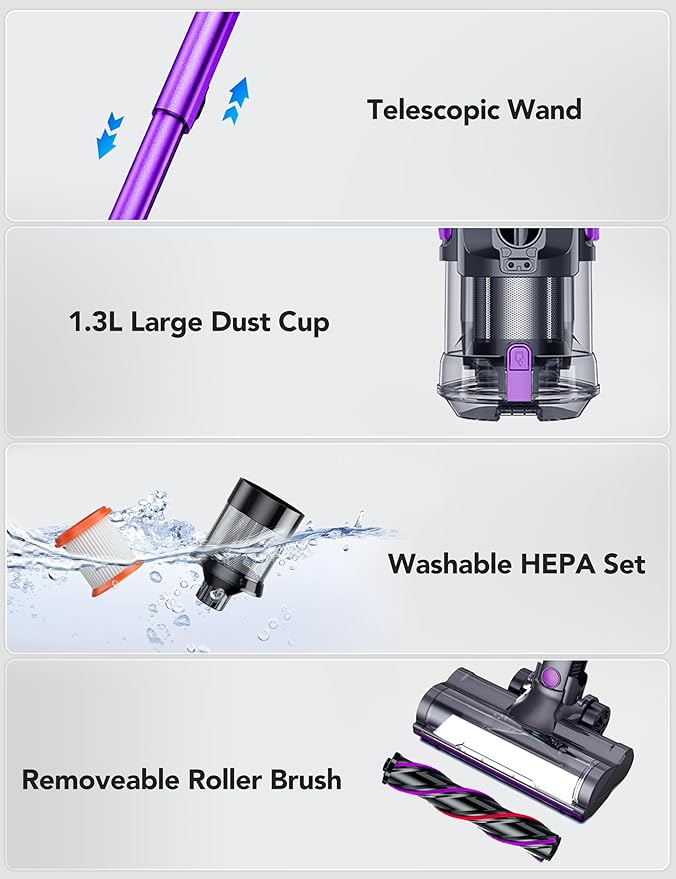 QikCln Cordless Vacuum Cleaner, 23 Kpa Powerful Suction, 1.3 L Large Capacity, 2 Modes & 30Mins Runtime, Rechargeable Stick Vacuum for Pet Hair Hardwood Carpet - Purple