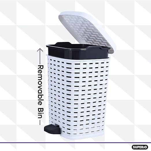 Superio Small Outdoor Trash Can with Lid for Dog Poop 3 Gallon/12 L Mini Plastic Garbage Can with Foot Pedal for Bathroom, Bedroom, Office, Patio, Wicker White