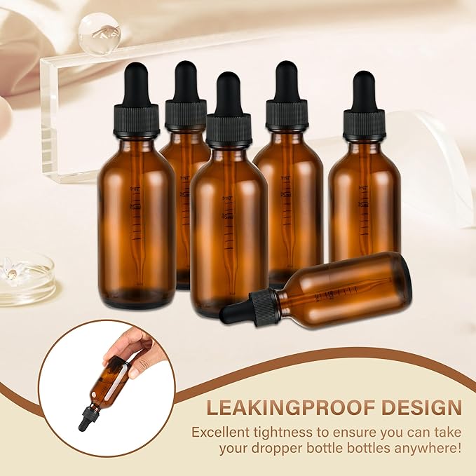 6 Pcs, 2oz Amber Glass Eye Dropper Bottle, Tincture Bottles with Leak-Proof Design, Stronger Suction, for All Kinds of Mixed Liquids