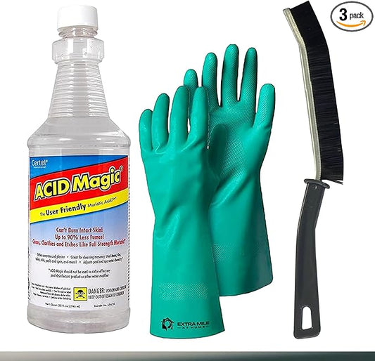 Extra Mile at Home Acid Magic 32 oz Grout Cleaner Bundle with Heavy-Duty Gloves & Grout Brush - 3 Items - Shower Tile Cleaner Removes Limescale, Calcium & Buildup on Swimming Pools and Floors