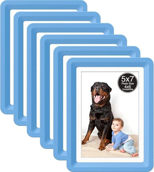 6-Pack 5x7 Picture Frame or 4x6 with Mat – Shatterproof Plastic Photo Frame for Family, Nursery, and Playroom, Wall & Tabletop Picture Frames for Home, Office, Safe & Lightweight Design in Sky Blue
