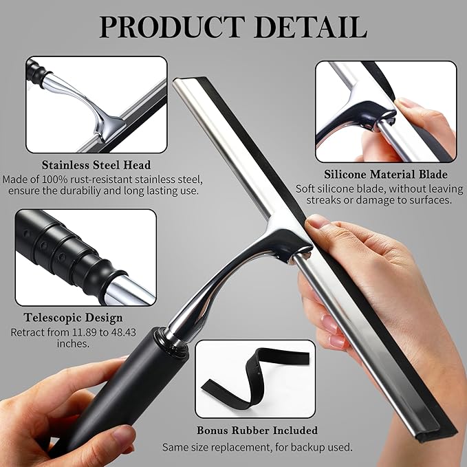 Toncoke Window Squeegee for Home, 2 in 1 Window Washing kit with Extension Pole Long Handle Squeegee for Shower Glass Floor Tile Wall Car Windshield, 12 inch Wide, Black