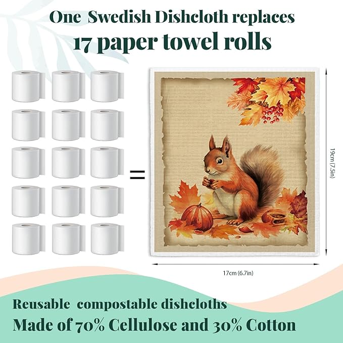 Swedish Dishcloths for Kitchen Cloths Towels, Cute Squirrel Fall Pumpkin Maple Leaves Gifts 4 Pack Dish Cloths for Kitchen, Vintage Autumn Papaya Reusable Cleaning Paper Towels Washable