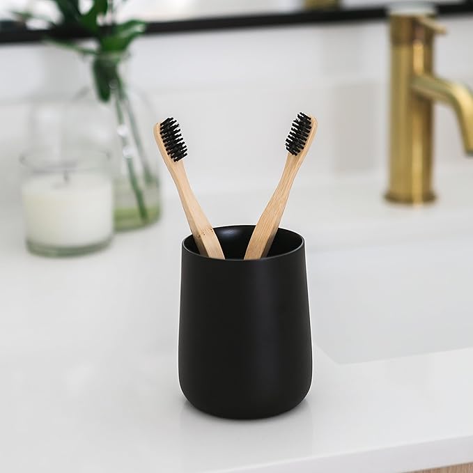 Yew Design Matte Black Toothbrush and Toothpaste Holder and Cup for Bathroom Vanity and Countertop, Round Organizer for Electric Toothbrushes, Floss, Razors, Cotton, and Mouthwash
