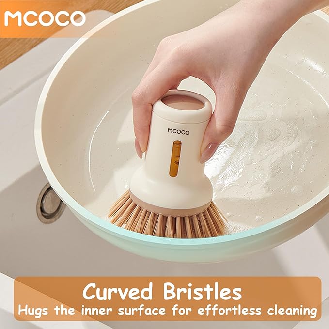 MCOCO Dish Brush Set with Soap Dispensing Palm Brush Dish Scrub Brush with Soap Dispenser Palm Dish Brush Kitchen Cleaning Brush with Ergonomic Long Handle for Cleaning Sink, Pot, Pan, Stove, White