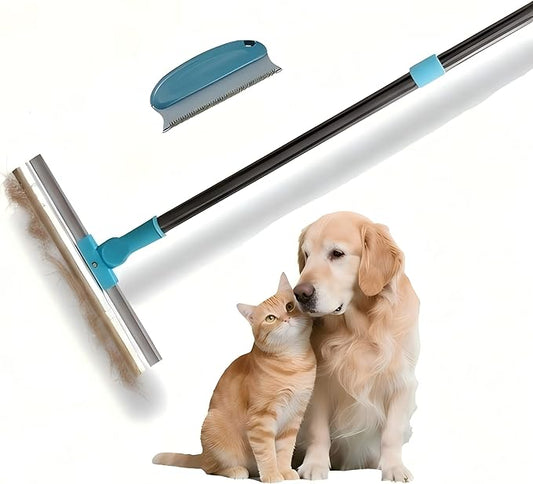 Carpet Rake Pet Hair Remover, Reusable Y-Shaped with Free Small Brush for Mats, Rugs, Couches, Reusable Cat Dog Hair Removal Tool with 54” Adjustable Long Handle Built,Blue