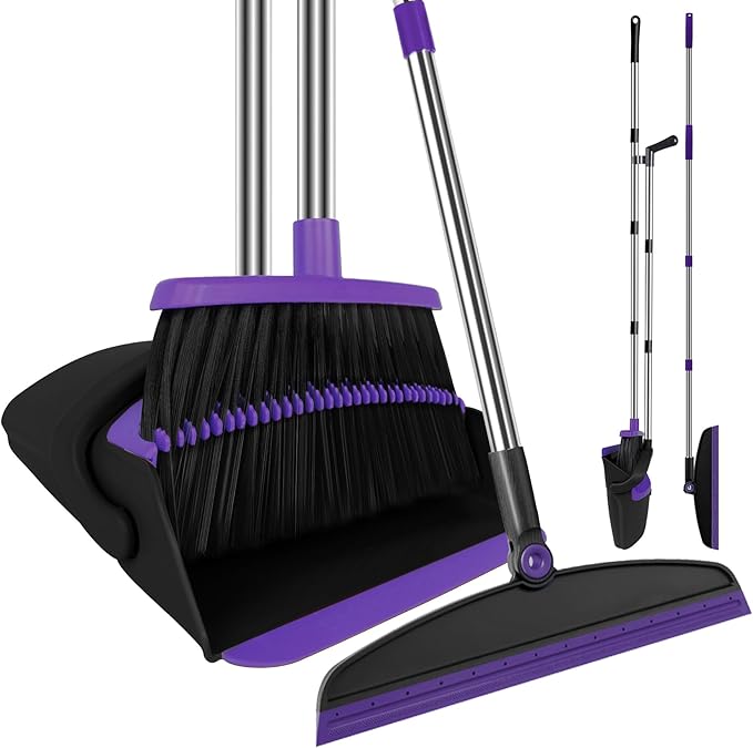 UDUK Broom with Dustpan Combo Set and Silicone Air Broom Kit, 51" Long Handle Floor Squeegee, Purple Household Kit for Glass Window Rugs Pet Hair Home