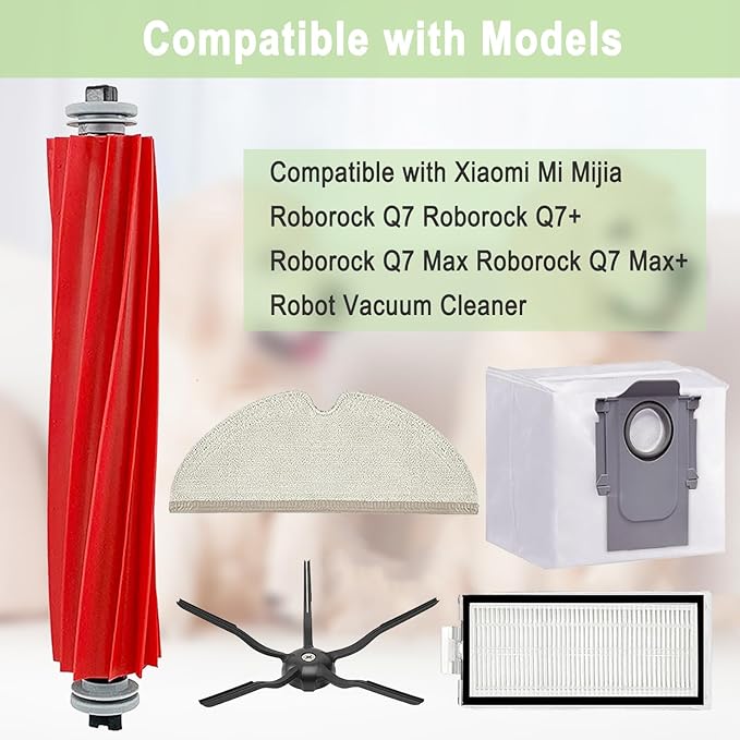 17 Pack Roborock Q7 Replacement Parts Compatible for Roborock Q7 Q7+ Q7 Max Q7 Max+ Vacuum Cleaner,1 Main Brush, 4 Filter, 4 Side Brush, 4 Mop Cloth, 4 Dust Bag