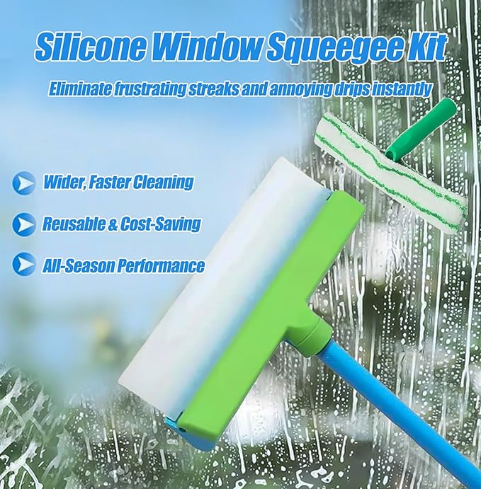 Recyclable Silicone Window Squeegee Kit, 3 in 1 Window Cleaning Scraper, Squeegee and Scrubber with Microfiber, Easy to Clean Without Streaks, for Windows, Walls, Car Windshields (2PCS)