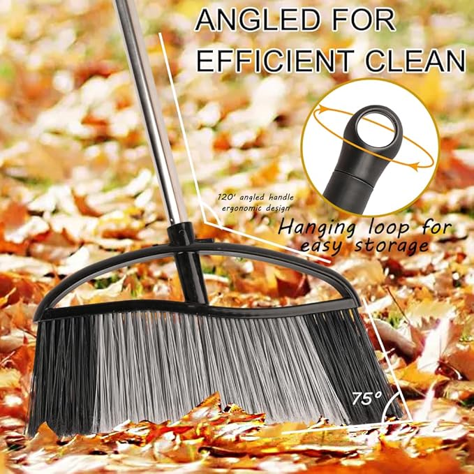 MuLing Heavy Duty Outdooor Broom - 15.7" Wide Broom with Long Adjustable Handle & Stiff Bristles for Patio, Garage, Yard, Garden (Black)