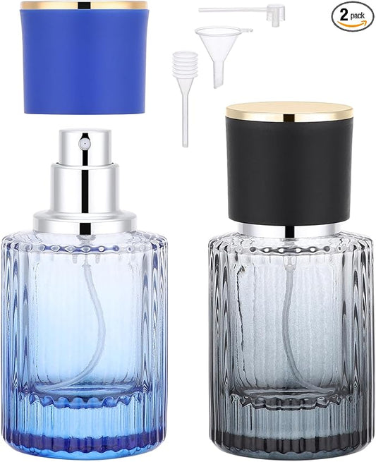 Segbeauty 1oz Glass Perfume Atomizer Empty 2Pack of 1pcs Blue Mini Perfume Bottle Refillable, 1pcs 30ml Black Cologne Travel Bottle, Portable Cologne Sprayer with Travel Refill Tools, Sample Bottles