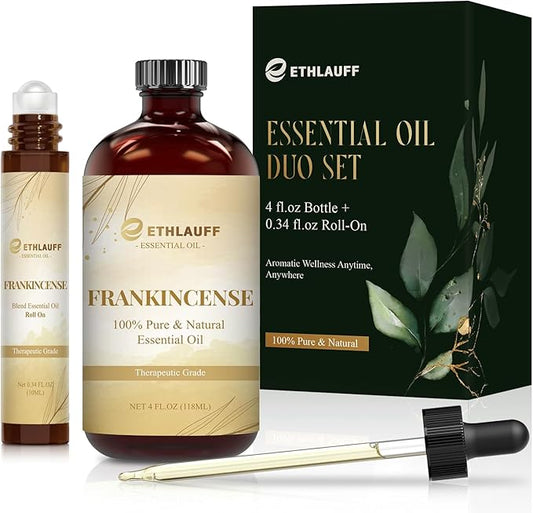 Frankincense Essential Oil (4 fl.oz Bottle + 0.34 fl.oz Roll-On) — Frankincense Oils for Aromatherapy, Diffusers, Humidifiers, Home fragrances, DIY Skincare, Candle, Soap Making, Relaxation, Yoga