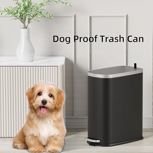 KUK Slim Bathroom Trash Can with Lid Soft Close, Step Pedal, 2.6 Gal/ 10L Stainless Steel Garbage Can with Removable Inner Bucket, Anti-Fingerprint Wastebasket for Office, Bedroom, Toilet (Black)