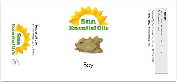 Sun Essential Oils – 2 oz Bay Essential Oil with Dropper for Diffuser, Massage Therapy, Scalp Care, Aromatherapy, Fresh Scent for Candle, Lotion & Shampoo Making, Room Fragrance