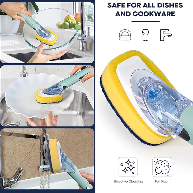 Dish Brush with Soap Dispenser Storage Set with 2 PCS Sponge Refills & Holder, Soap Dispensing Dish Brushes, Sponge with Soap Dispenser Handle, Dish Sponges with Handle for Dishes Pans Pots Sink