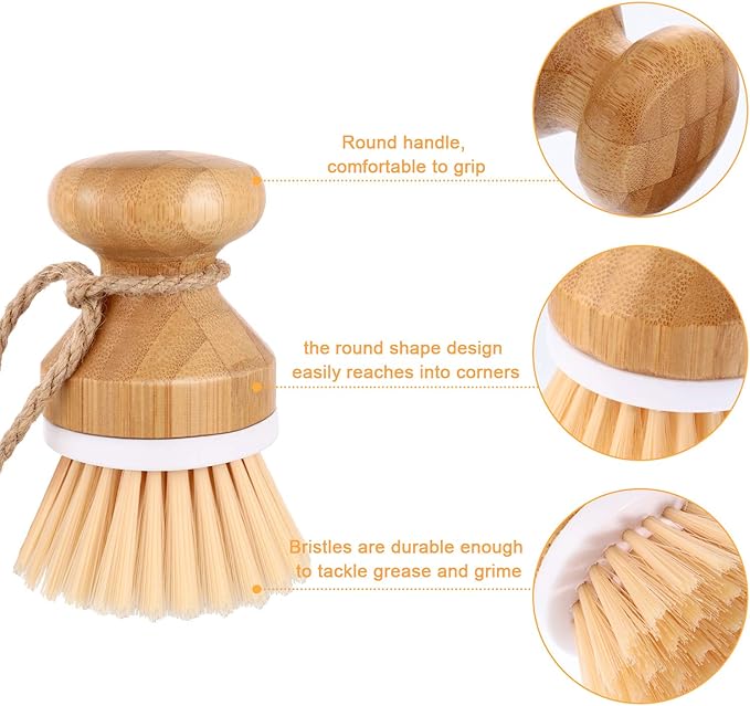 Boao 3 Pieces Bamboo Dish Scrub Brush Natural Wooden Kitchen Cleaning Scrubbers Durable Bamboo Palm Household Pot Scrubber Brush and 1 Holder for Dishes Pots Pans Kitchen Sink Cleaning
