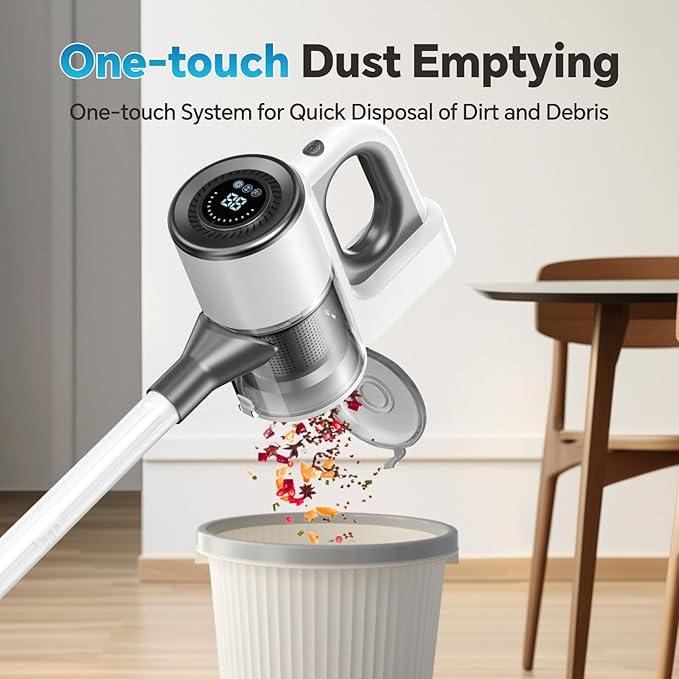 Cordless Vacuum Cleaner for Home, Powerful Stick Vacuum Cleaner with LED Screen and 3-Speed Suction, Rechargeable Vacuum Cordless, Lightweight Handheld Vacuum for Hard Floors Carpets Pet Hair, White