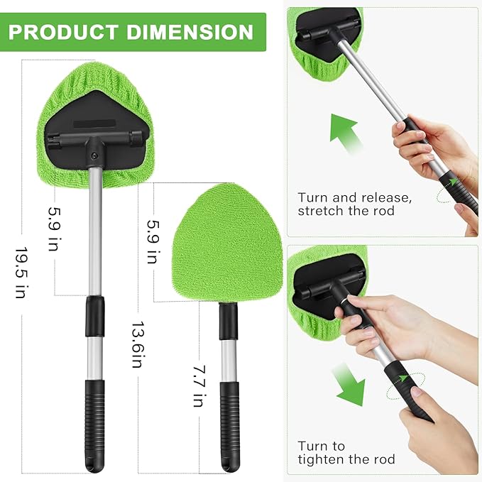 Tallew 3 Pcs Microfiber Car Windshield Cleaner Tool Car Interior Detailing Cleaning Kit with Extendable Handle and 9 Reusable Microfiber Pads Auto Glass Wiper Window Cleaning Kit for Home