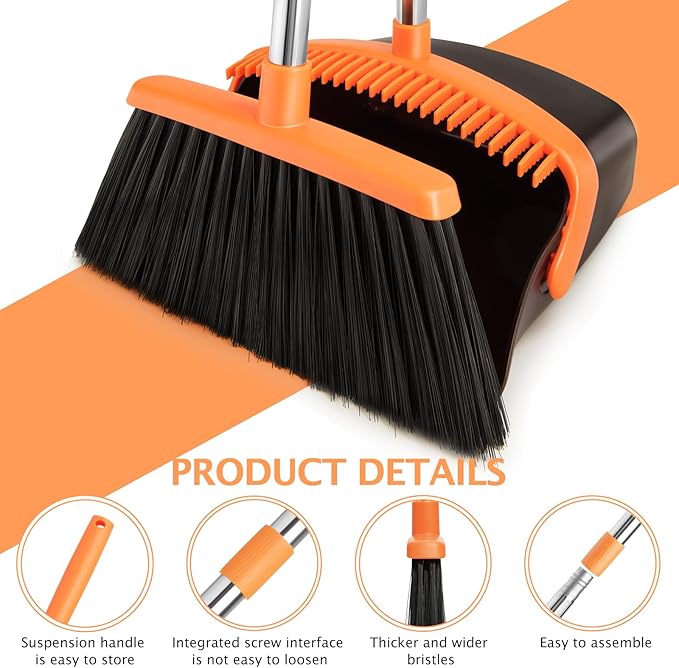 XXFLOWER 2-Pack Broom and Dustpan Set with Long Handle, Heavy Dust Broom and Dustpan Combo for Home，Kitchen, Office, Pet Hair (Brown Orange)