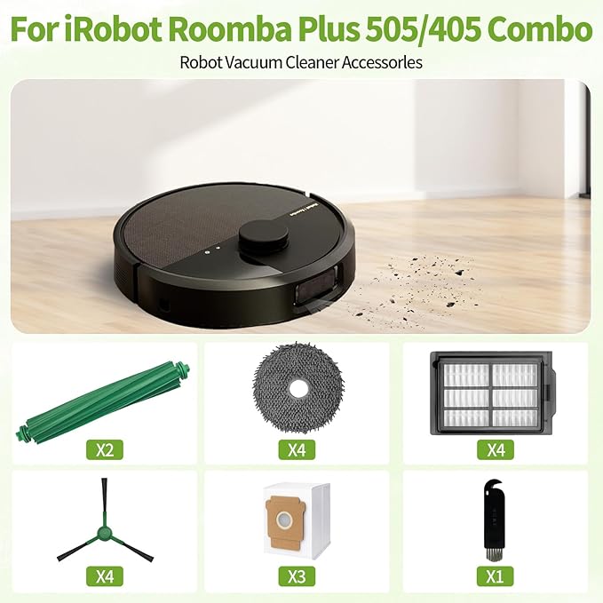 YHYXMMKK 18 Pcs Roomba Plus 405/505 Combo Replacement Parts Kit,Include 2 Main Brushes, 4 Mop Pads, 4 HEPA Filters,3 Dust Bags,4 Side Brushes,1 Cleaning Tool, for Home Vacuum