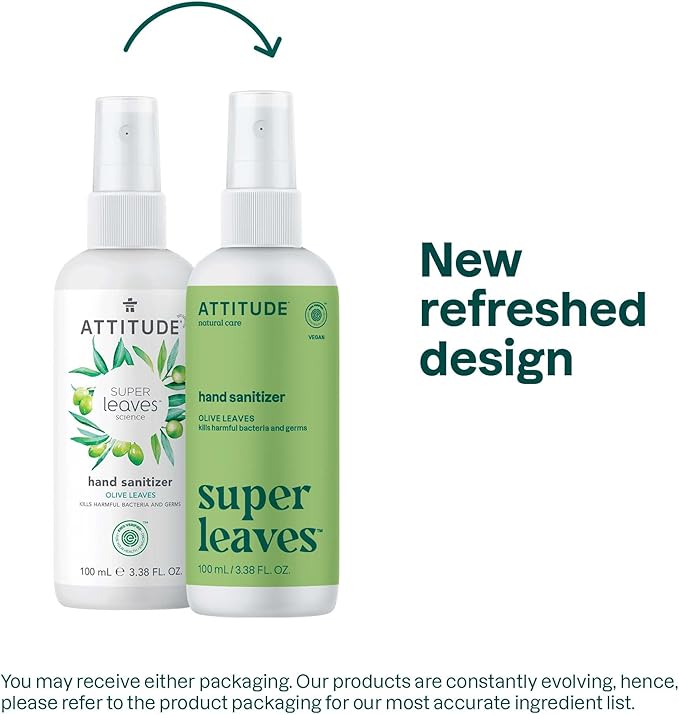 ATTITUDE Hand Sanitizer Spray for Adults and Kids, EWG Verified, Kills Bacteria and Germs, Vegan, Olive Leaves, 3.38 Fl Oz (Spray Bottle) (Pack of 6)