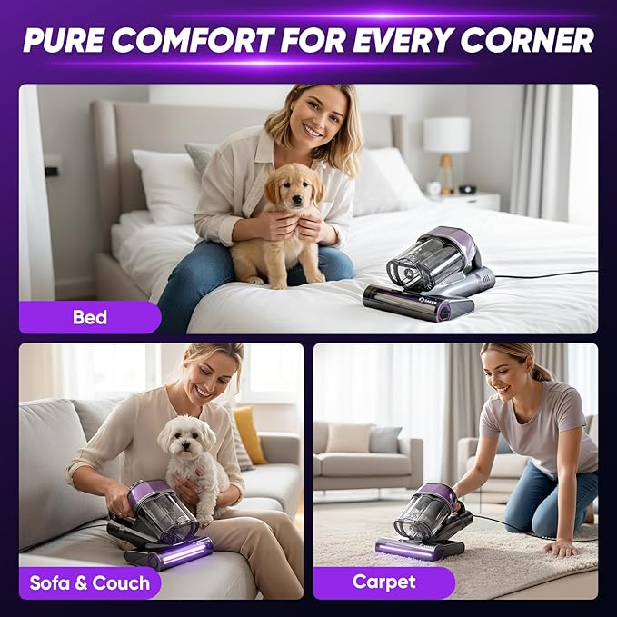 Saker Mattress Vacuum Cleaner, Handheld Bed Vacuum with 16KPa Suction, UV-C Light, 140°F Heated Air, HEPA Filter, Aroma Function, 16.4FT Cord for Cleaning Bed, Sofa, and Couch