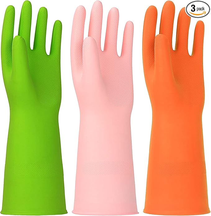 3 Pairs Rubber Cleaning Gloves Latex Free Dishwashing Gloves - 13" Reusable Nitrile Gloves Small, Green+Pink+Orange