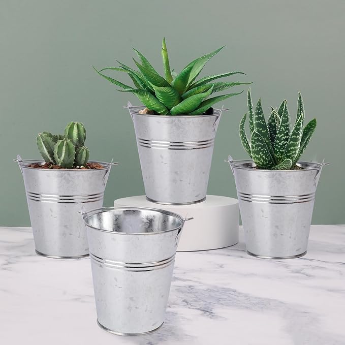 20 Pack 4" Mini Metal Bucket, Elegant Galvanized Buckets with Handles, Tin Buckets, Small Iron Bucket, Mini Metal Pail for Party Favors, Crafts, Garden & Beach