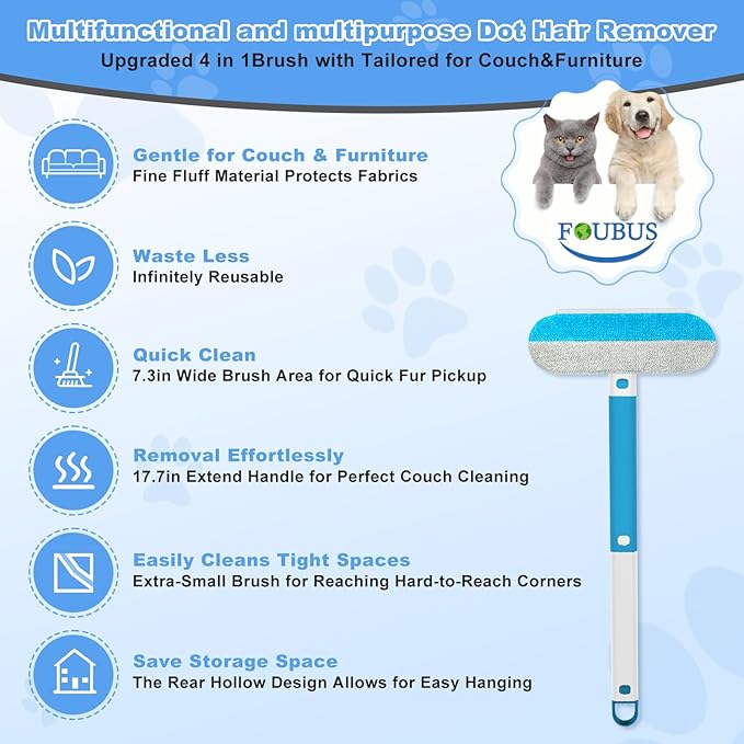 Multifunctional Pet Hair Remover tool, 4 in 1-Reusable Washable Long Handle Dog&Cat Fur Hair Remover for Furniture,Carpet,Couch,Clothes,Bedding,Car,Window,Better than Lint Rollers, with 2 Scrapers