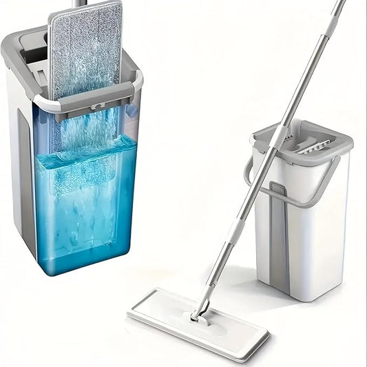 Mop and Bucket with Wringer Set, Hands Free Flat Mops for Floor Cleaning, Wet and Dry Use, Wall Mop Cleaner with 3 Washable Microfiber Pads for Bathrooms, Bedrooms, Living Rooms, Kitchens