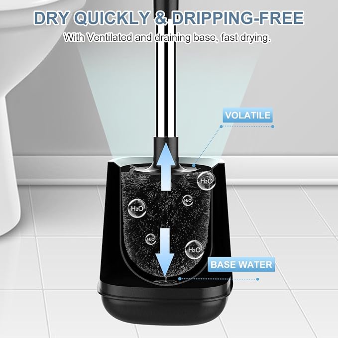 SetSail Toilet Brush and Holder, Self Closing Lid Toilet Bowl Brushes Holder and Extra Long Handle Ventilated Toilet Brush Set for Bathroom Cleaning, Nylon Bristles, Black