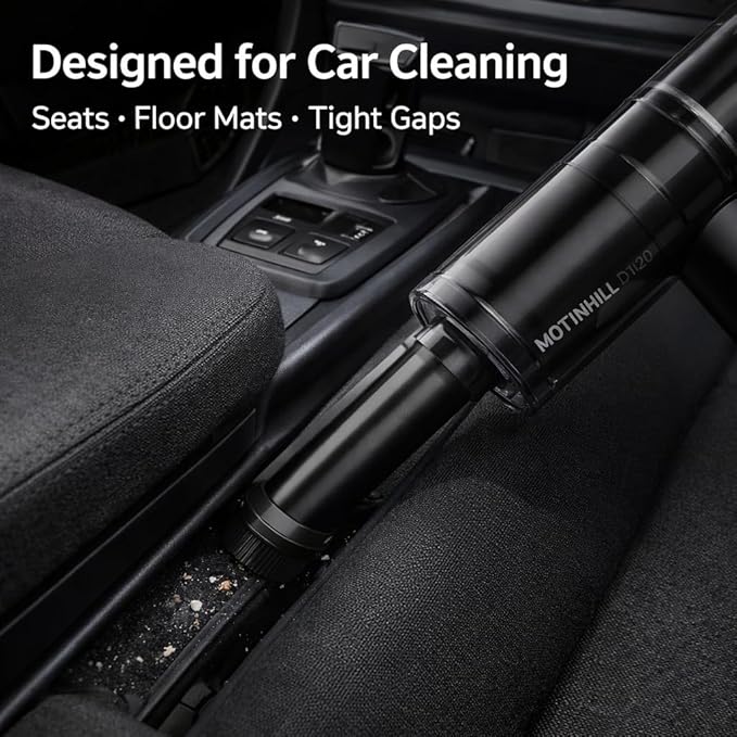 Mottinhill Handheld Vacuum Cordless with High Power Suction, Car Vacuum Portable Cordless, 3-Speed Control Mini Car Vacuum Cleaner for Car, Home & Office, USB-C Rechargeable, Transparent Black – D120