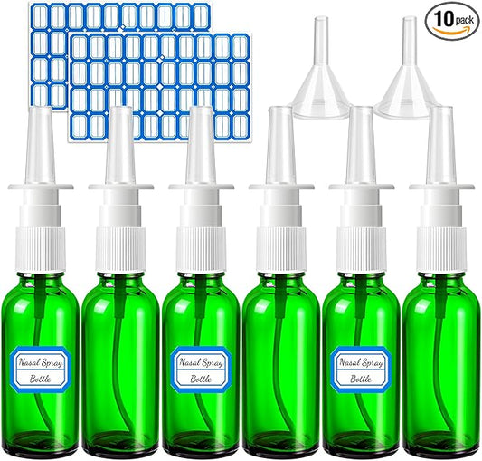 10 Empty Nasal Spray Bottles, 30ML/1oz 6 Refillable Glass Bottles with Funnels and Labels