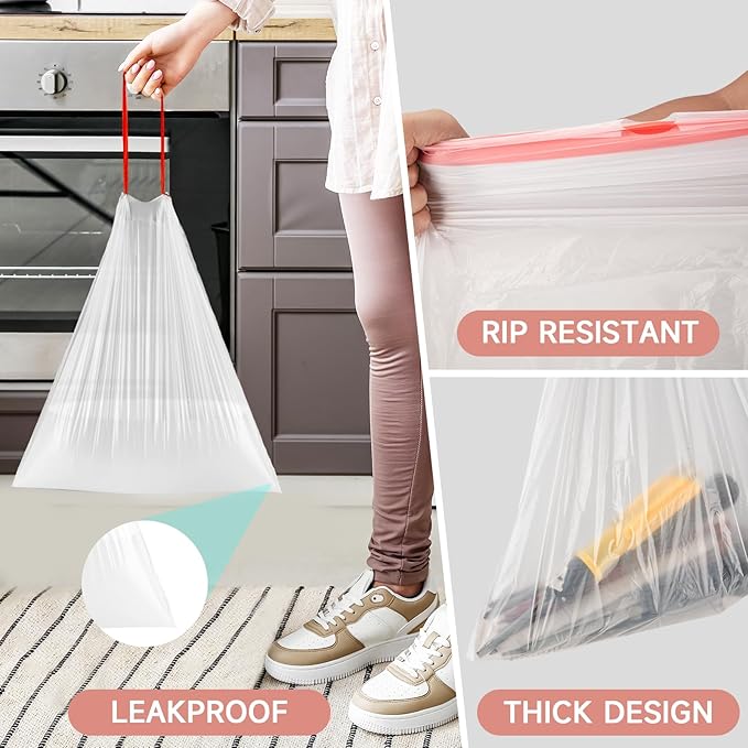 Small Trash-Bags-Bathroom 4 Gallon Drawstring Garbage-Bag - Kitchen Bedroom Car Size Unscented Clear White 90 Count Recycle Plastic Tall Liners for Office Outdoor Garden Waste Basket Can Heihaily