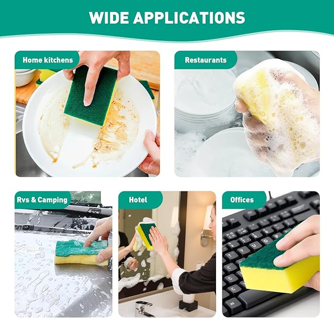 PuoWeo 24-Pack Heavy Duty Scrub Sponges, Non-Scratch Kitchen Sponge with Durable Scouring Pad, Dual-Sided Cleaning Sponge for Dishes, Pots, Pans, Sinks – Extra Absorbent & Long-Lasting
