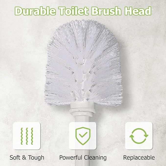 Toilet Brush, 2 Pack Toilet Brushes & Holders Sets with Plastic Handle and Soft Flexible Bristles, 4 Toilet Brush Heads for Bathroom Toilet-Ergonomic, Elegant, Durable Loo Brush (White)