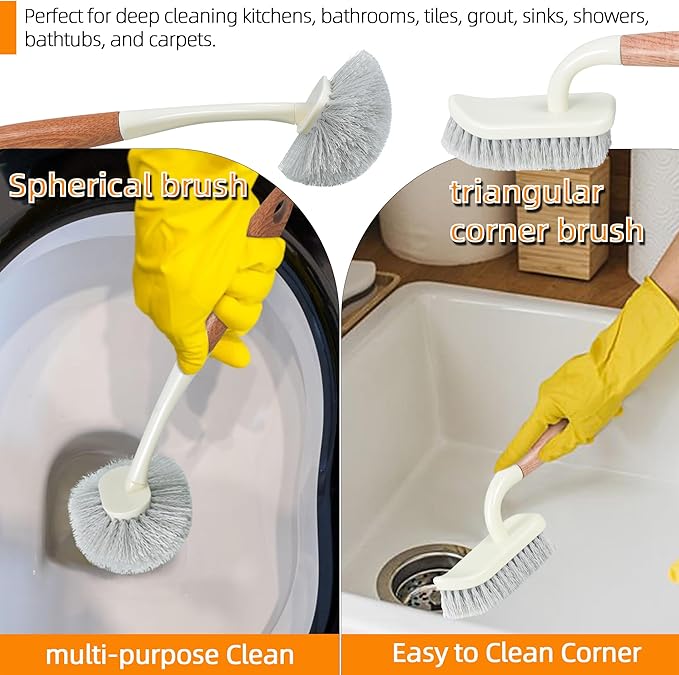 Attoshow 5-Pack Heavy Duty Scrub Brushes Set with Wooden Handles, Multi-Surface Scrubber for Kitchen, Bathroom, Tile & Grout, Includes Spherical, Triangle, Square & Dish Brush for Stubborn Stains