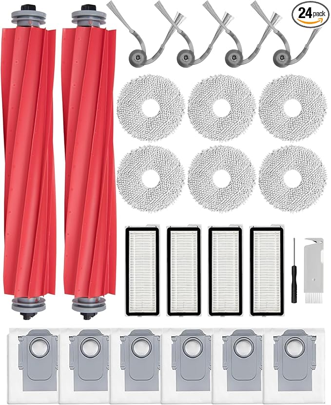 24Pack Accessories Replacement Kit For Roborock QV 35A 35S Robot Vacuum – QV 35A Replacement Parts Includes 2Main Brush,4Side Brushes,6Mop Pads,4HEPA Filter,6Dust Bags,1Cleaning Brush,1Screwdriver